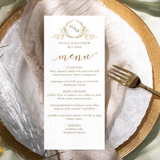 Menu Elegant White en Gold Monogram Wedding
