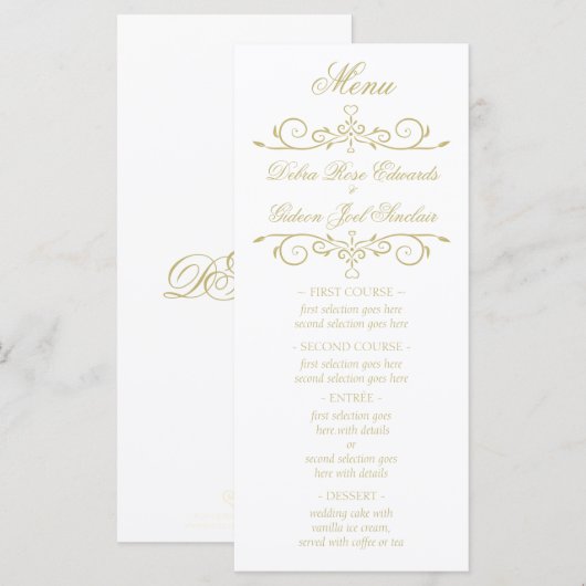 Menu Elegant White en Gold Monogram Wedding (Voorkant / Achterkant)