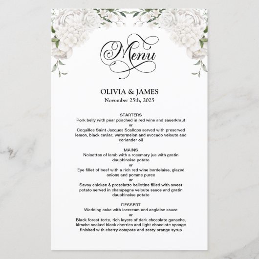 Menu Elegant White Floral Wedding (Voorkant)