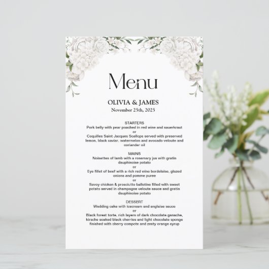 Menu Elegant White Floral Wedding (Staand voorkant)