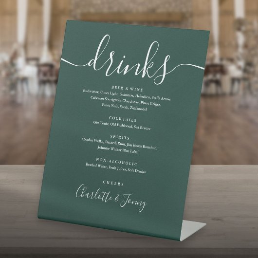 Menu Emerald Green Signature Script Wedding Drinke Reclamebord Met Voetstuk