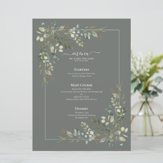 Menu Eucalyptus Botanical Sage Green Wedding (Staand voorkant)