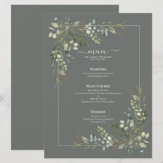 Menu Eucalyptus Botanical Sage Green Wedding (Voorkant / Achterkant)