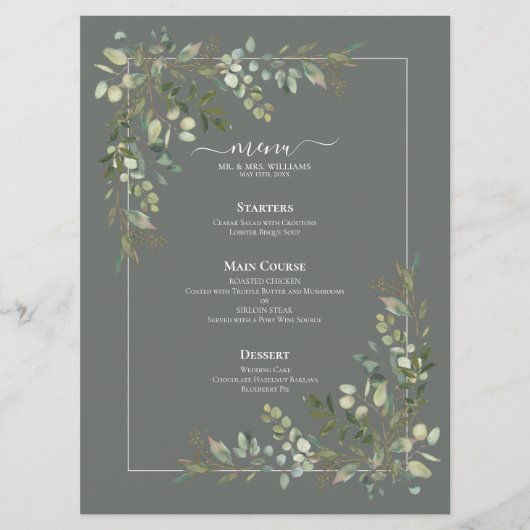 Menu Eucalyptus Botanical Sage Green Wedding (Voorkant)