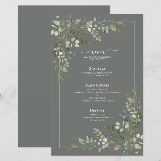 Menu Eucalyptus Botanical Sage Green Wedding (Voorkant / Achterkant)