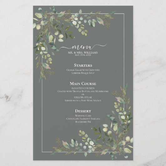 Menu Eucalyptus Botanical Sage Green Wedding (Voorkant)