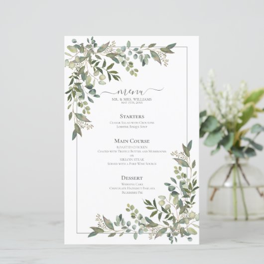 Menu Eucalyptus Botanical Sage Green Wedding (Staand voorkant)
