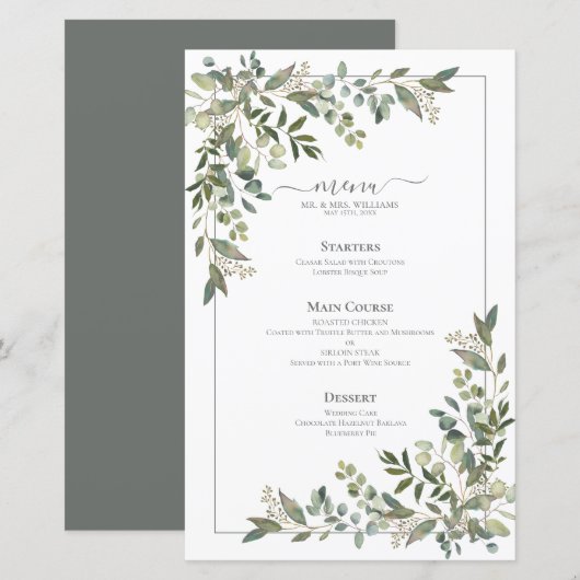 Menu Eucalyptus Botanical Sage Green Wedding (Voorkant / Achterkant)