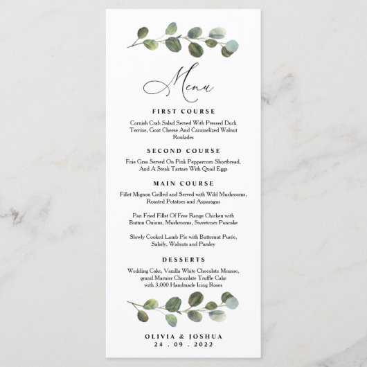 Menu Eucalyptus Wedding, Greenery Wedding (Voorkant)