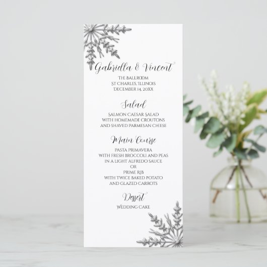 Menu Faux Silver Snowflakes Winter Weddenschap (Staand voorkant)