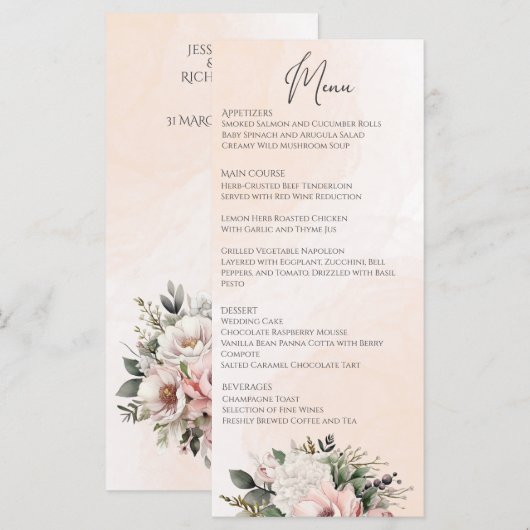 Menu Floral Blush Pink Wedding (Voorkant / Achterkant)