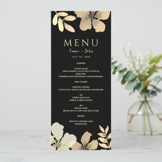 Menu Floral Gold en Black Wedding (Staand voorkant)