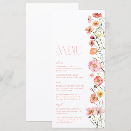 Menu Floral Vrijgezellenfeest Wildflower Poppies (Voorkant / Achterkant)