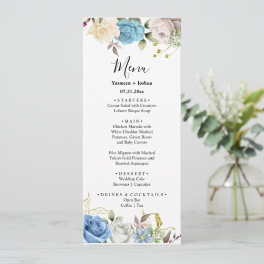 Menu Floral Weddenschap Blauwe & Witte Rozen (Staand voorkant)
