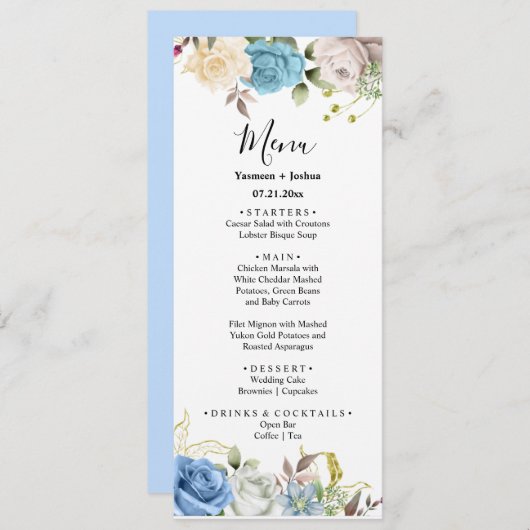 Menu Floral Weddenschap Blauwe & Witte Rozen (Voorkant / Achterkant)