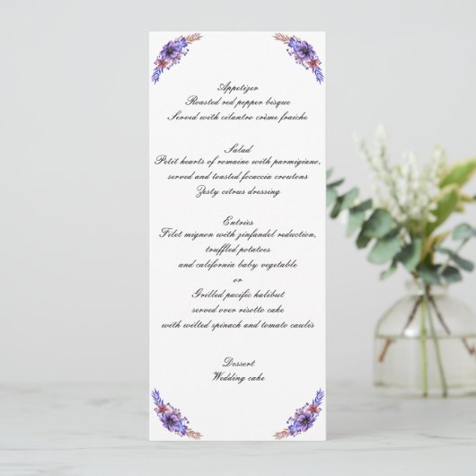 Menu Floral Wedding Paarse en blauwe Waterverf Kaart (Staand voorkant)