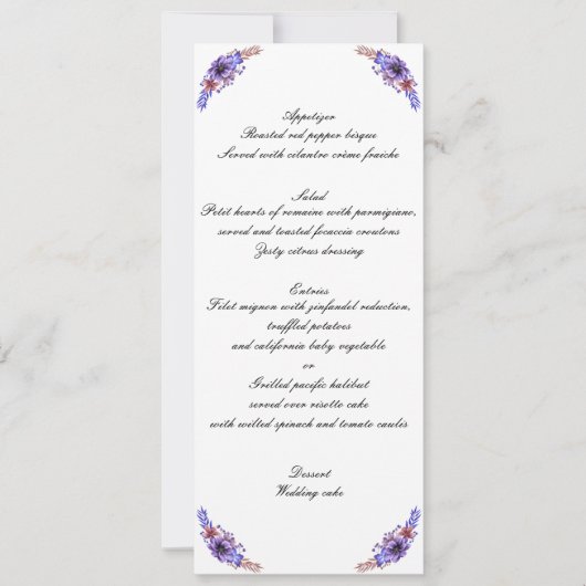 Menu Floral Wedding Paarse en blauwe Waterverf Kaart (Voorkant)