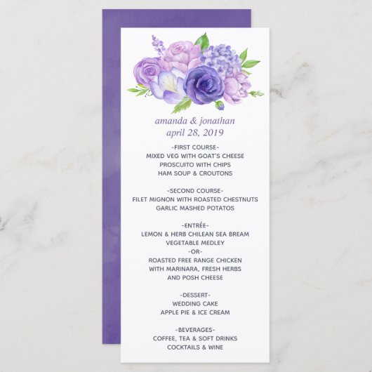 Menu Floral Wedding Ultra Violet Waterverf (Voorkant / Achterkant)