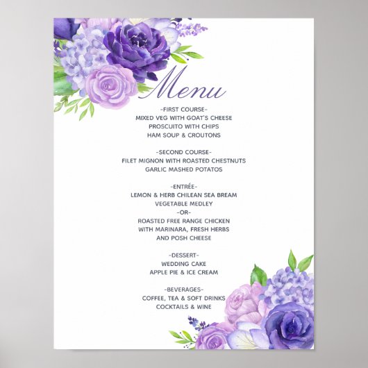 Menu Floral Wedding Ultra Violet Waterverf Poster (Voorkant)