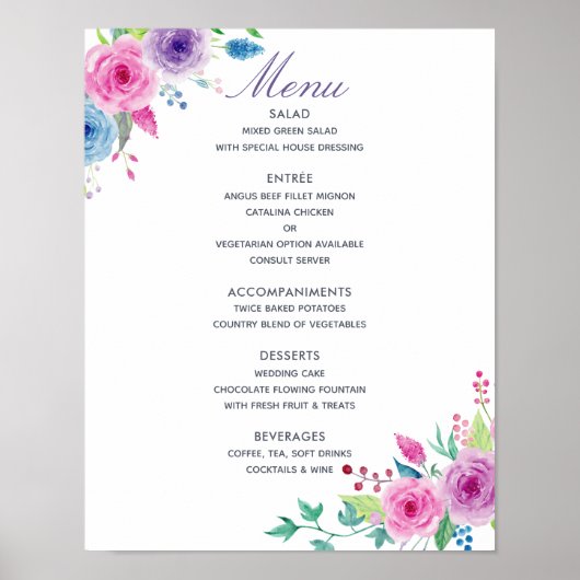Menu Florale bruiloft Ultra Violet Mix Waterverf Poster (Voorkant)