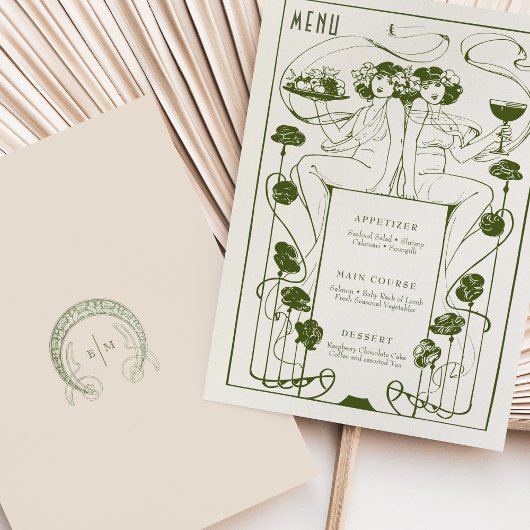 Menu Gedempt Sage Groen Art Nouveau Kaart