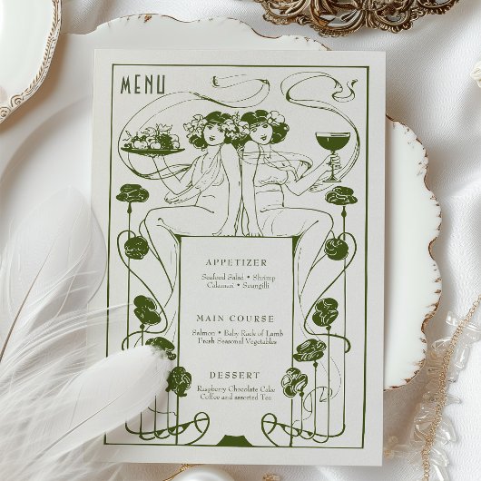 Menu  Gedempt Sage Groen Art Nouveau Kaart