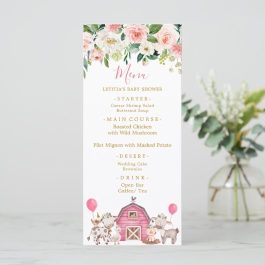 Menu Girl Pink Boerderij Baby shower (Staand voorkant)