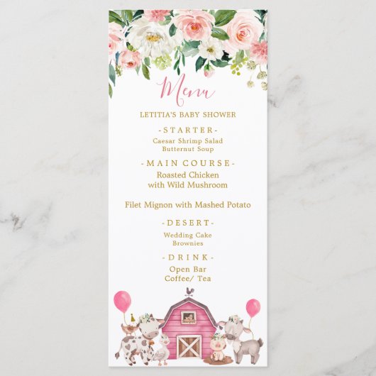 Menu Girl Pink Boerderij Baby shower (Voorkant)