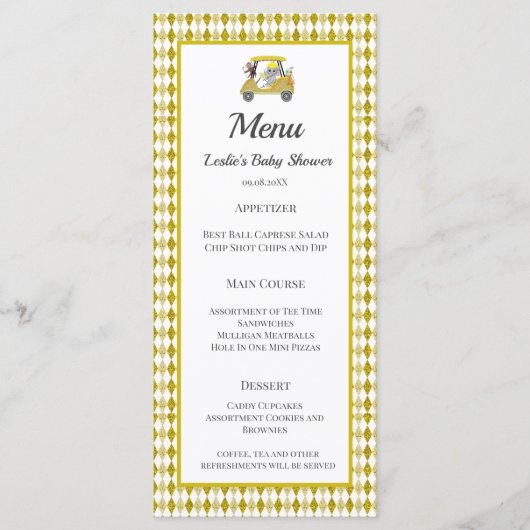 Menu Glitter Elephant & Monkey Golf Baby shower (Voorkant)