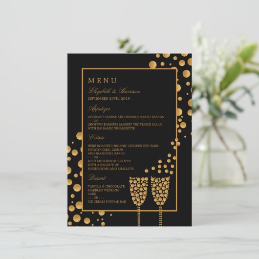 Menu Gold Champagne Bubbles Engagement Party (Staand voorkant)