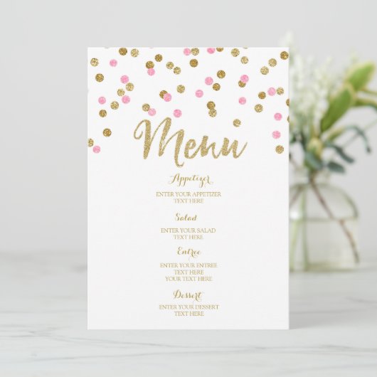 Menu Gold Confetti Light Pink Weddenschap (Staand voorkant)