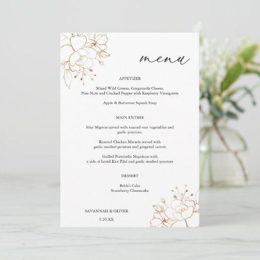 Menu Gold Lined Floral Kaart (Staand voorkant)