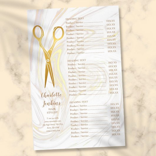 Menu Gold Scissors Hair Stylist Marble Service