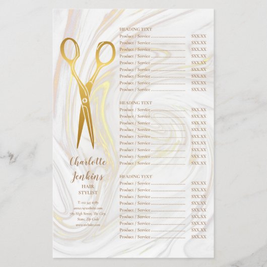 Menu Gold Scissors Hair Stylist Marble Service (Voorkant)