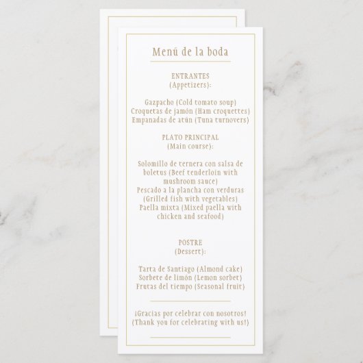 Menú goud Wit Klassiek Tweetalig Spaans en Engels Menu (Voorkant / Achterkant)