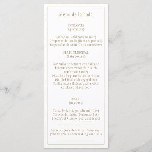 Menú goud Wit Klassiek Tweetalig Spaans en Engels Menu (Voorkant)