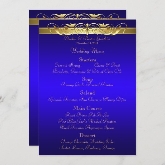 Menu Grand Duchess Blue Scroll Wedding (Voorkant / Achterkant)