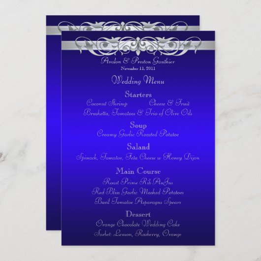 Menu Grand Duchess Blue Scroll Wedding (Voorkant / Achterkant)