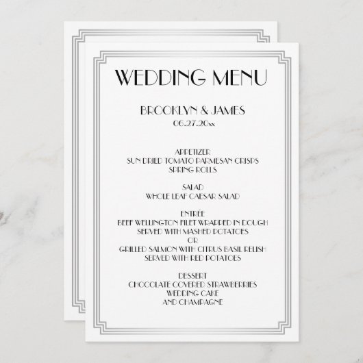 Menu Great Gatsby Art Deco White Silver Wedding (Voorkant / Achterkant)