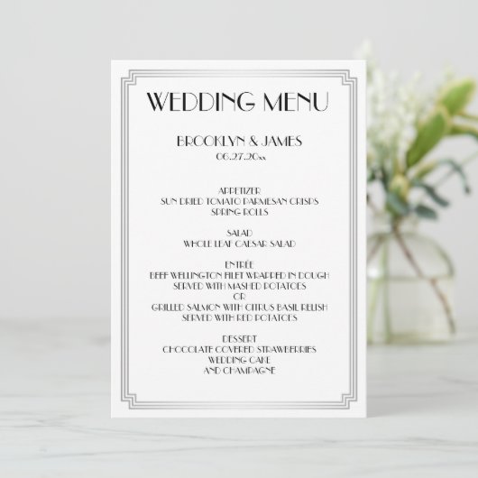 Menu Great Gatsby Art Deco White Silver Wedding (Staand voorkant)