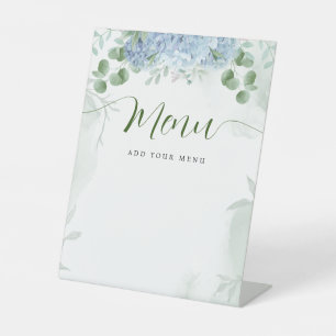 Menu Greenery Blue hydrangea Baby shower Reclamebord Met Voetstuk