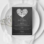 Menu Hanging Heart Tree Chalkboard Weddenschap<br><div class="desc">Deze trouwmenukaarten zijn voorzien van een romantische hangende boom, die binnenkort man en vrouw zal zijn, die in de vorm van een hart gekerfd is. Het effect van het karton achtergrond maakt deze menu's perfect voor om het even welk paar dat een chic moderne bruiloft plant. Deze menu's kunnen gemakkelijk...</div>