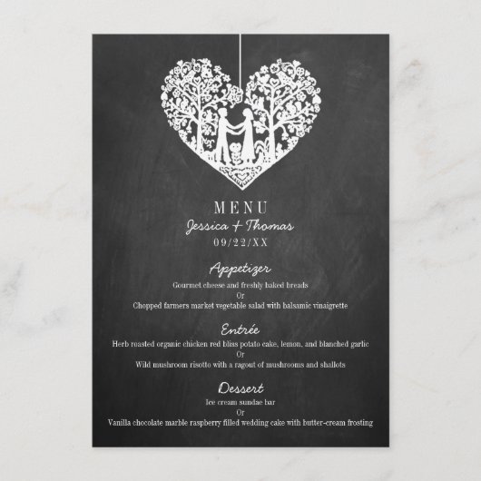Menu Hanging Heart Tree Chalkboard Weddenschap (Voorkant)
