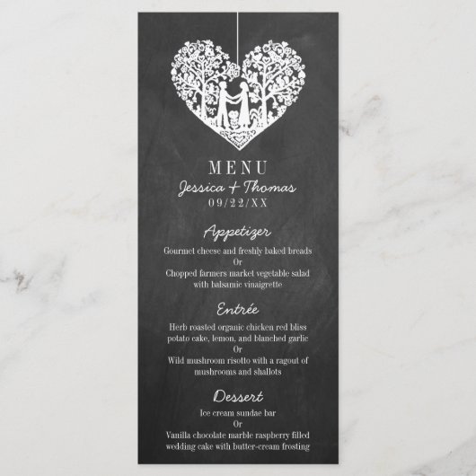 Menu Hanging Heart Tree Chalkboard Weddenschap (Voorkant)