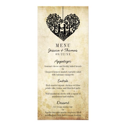 Menu Hanging Heart Tree Vintage Weddenschap (Voorkant)