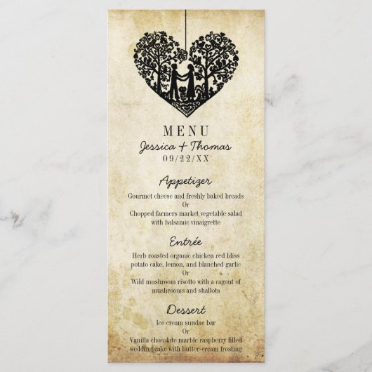 Menu Hanging Heart Tree Vintage Weddenschap (Voorkant)