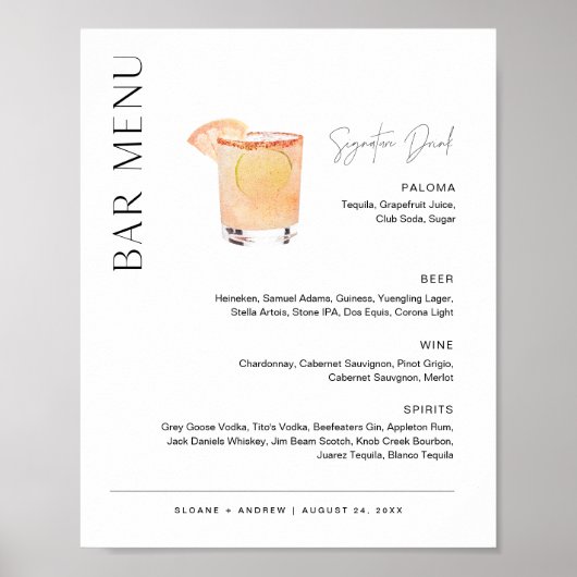 Menu HARLOW Wedding Bar, Signature Drink Sign Poster (Voorkant)