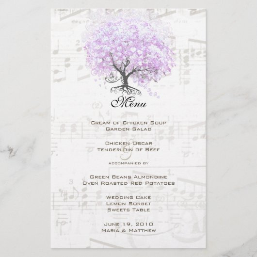 Menu Heart Leaf Lavender Tree  Bird Wedding Menu (Voorkant)