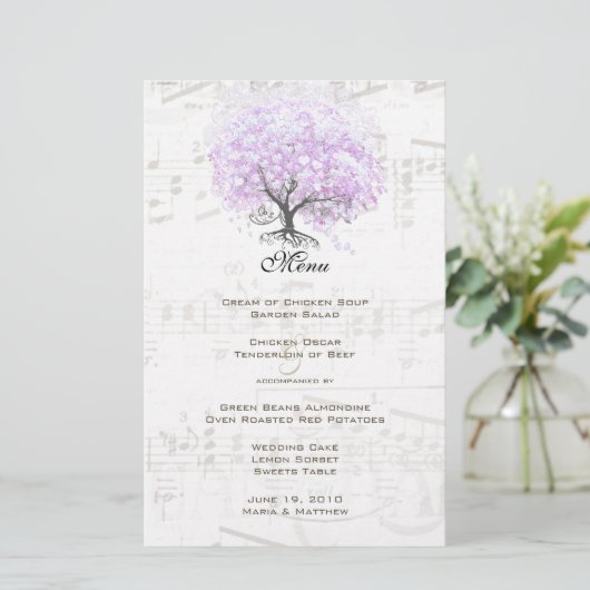 Menu Heart Leaf Lavender Tree Bird Wedding Menu (Staand voorkant)