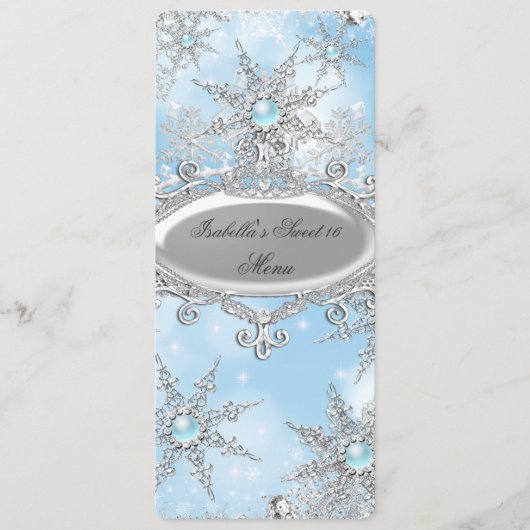 Menu Icy Blue Princess Winter Wonderland Sweet 16 (Voorkant)